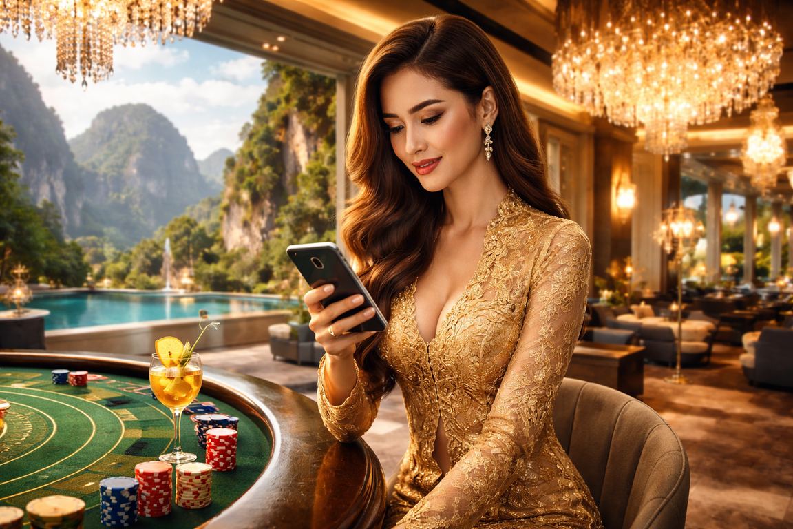 Female blackjack player in Ipoh using a mobile casino while wearing a kebaya